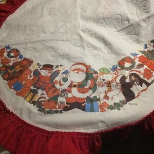 Santas Best‎ Vtg Tree Skirt Red Ruffle Santa Holiday Birds Bear Raccoon Penguins